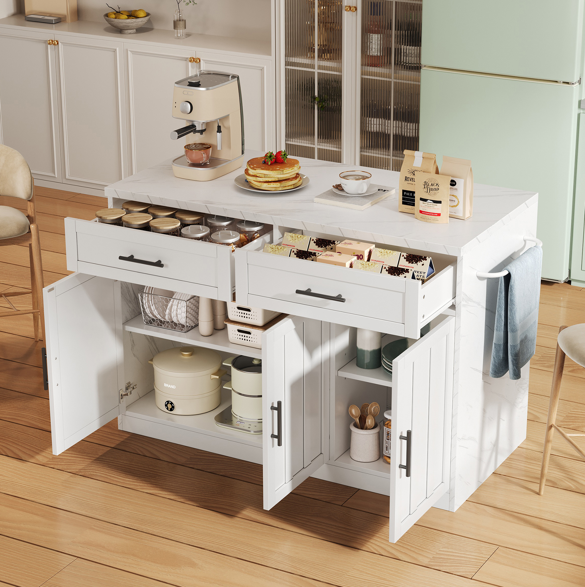 Kücheninsel 120/60/91 Cm In Weiß Mit Steckdosen, Usb, Marmoroptik Und Bartheke