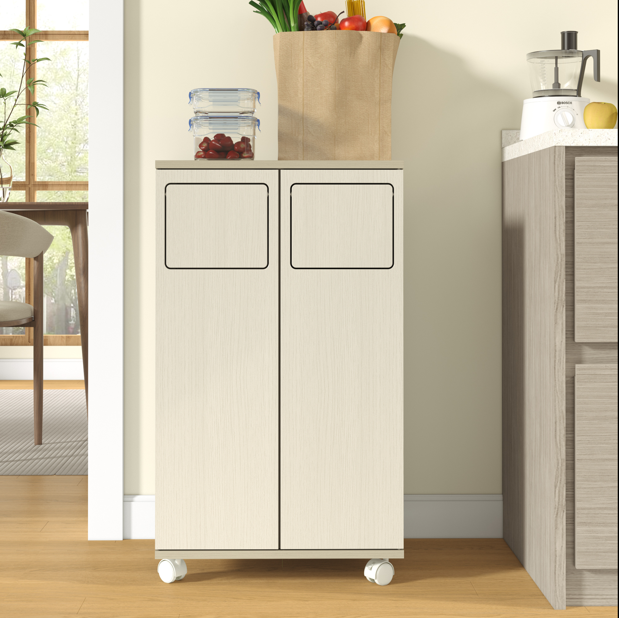 Müllschrank 46,7 Cm In Hellholz-optik Und Weiß Mit 2 Fächern Und Rollen