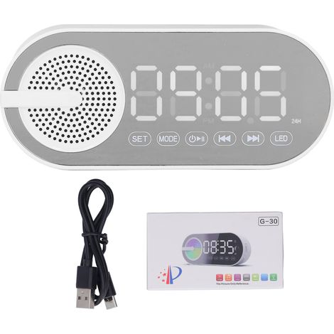 Bluetooth 5.0-lautsprecher Mit Digitaluhr, Ukw-radio, Farbigen Lichtern Und Wecker – Wiederaufladbar – Weiß