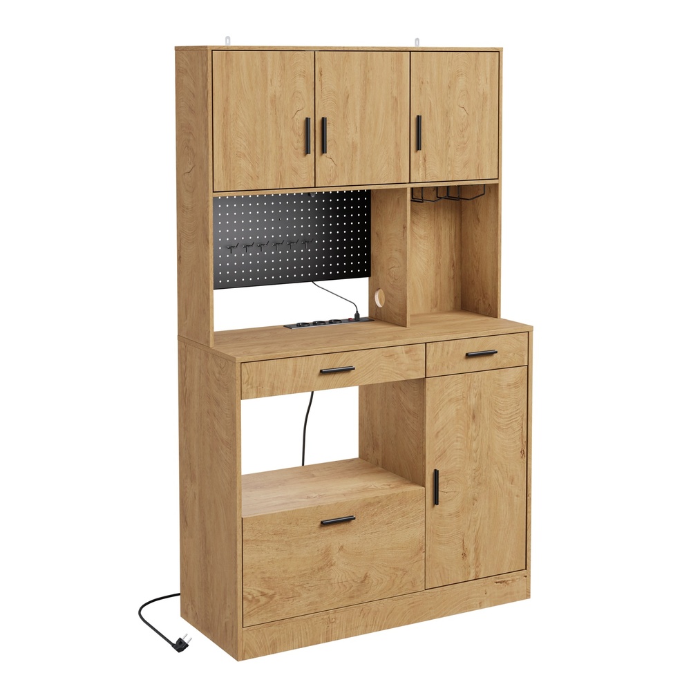 Sobuy Küchenschrank Freistehend Mit 4 Türen Und 3 Schubladen Hochschrank Mit Arbeitsplatte, Steckdosenleiste, Usb Und Led-beleuchtung Küchenbuffet In Eiche Hell 100×40×170 Cm Tragkraft 100 Kg Fs