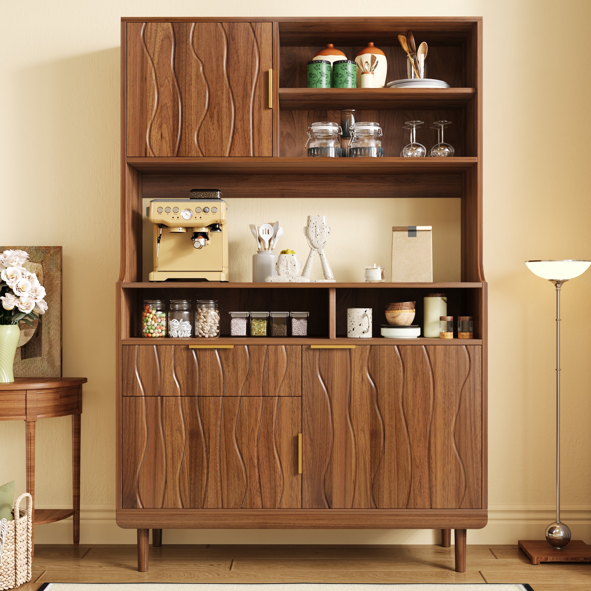 Hochschrank Küchenschrank Buffet 100x32x170cm Mit Schublade Türen Und Offenen Regalen Aus Mdf Und Massivholz Modern - Nussbaum