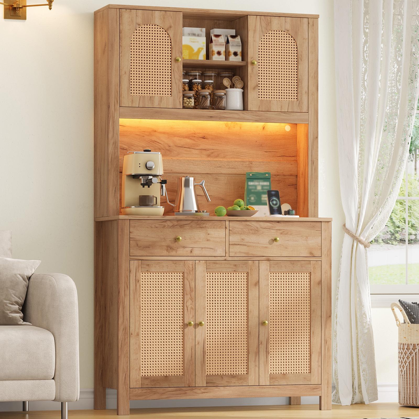 Küchenschrank Hochschrank Mit Led-beleuchtung Und Steckdosen - 100 X 40 X 180 Cm - Vorratsschrank Buffet Mit 5 Rattantüren Und 2 Schubladen Für Wohnzimmer Mdf - Natur