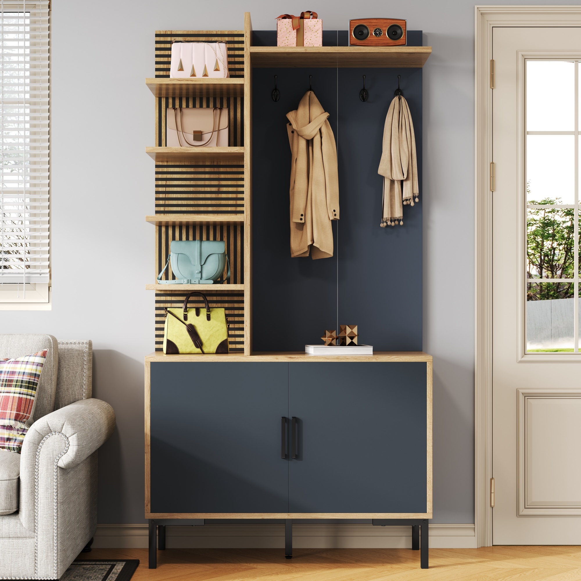 Garderoben-set Flurgarderobe Mit Schuhregal Und Kleiderhaken - 100 X 40 X 190.5 Cm - Moderner Flurschrank Aus Holzwerkstoff Und Metall - Natur Und Schwarz