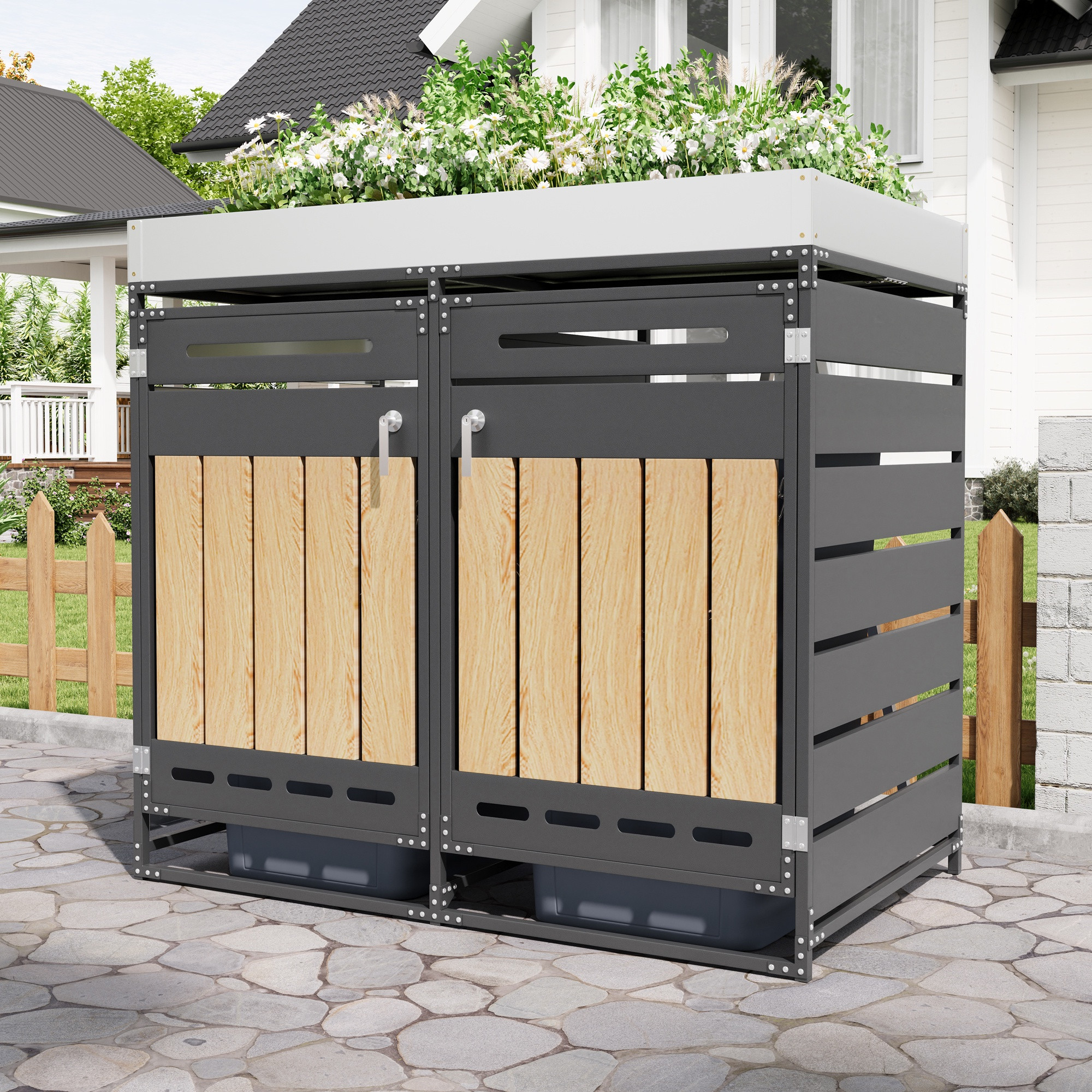 Mülltonnenbox 2er Mit Pflanzkasten - 137x79x125 Cm - Mülltonnenverkleidung Für Garten Outdoor Aus Metall Und Holzoptik - Schwarz