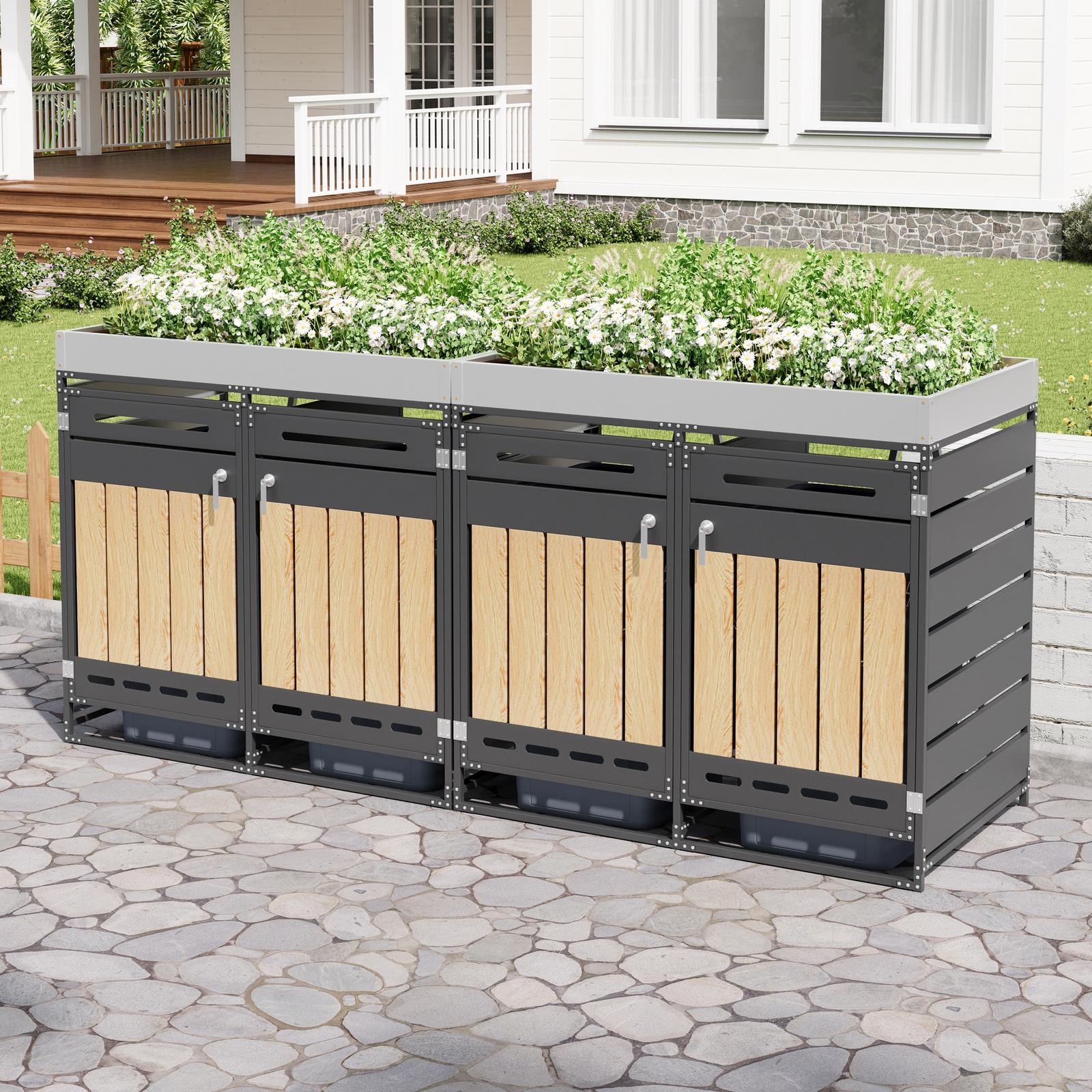 Mülltonnenbox 4er-set 274x79x125cm Mülltonnenverkleidung Für 4 Tonnen Garten-aufbewahrungsschrank Mit Pflanzkasten Metall Und Holzoptik Schwarz Und Natur