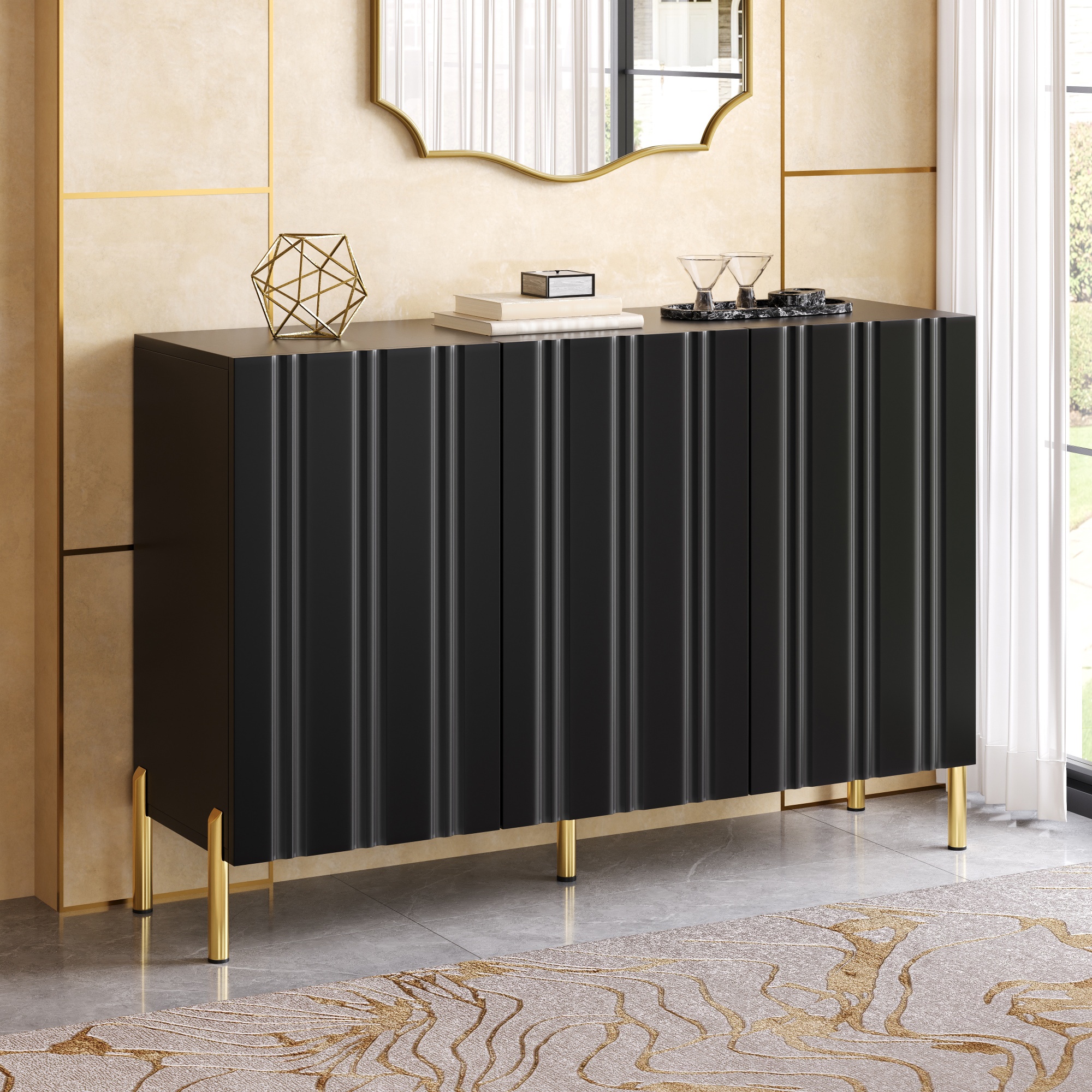 Sideboard Schuhschrank 2-in-1 - 120x35,5x80 Cm - Flur Und Wohnzimmer - 3 Türen Mit Verstellbaren Einlegeböden Mdf Metallbeine - Schwarz Gold