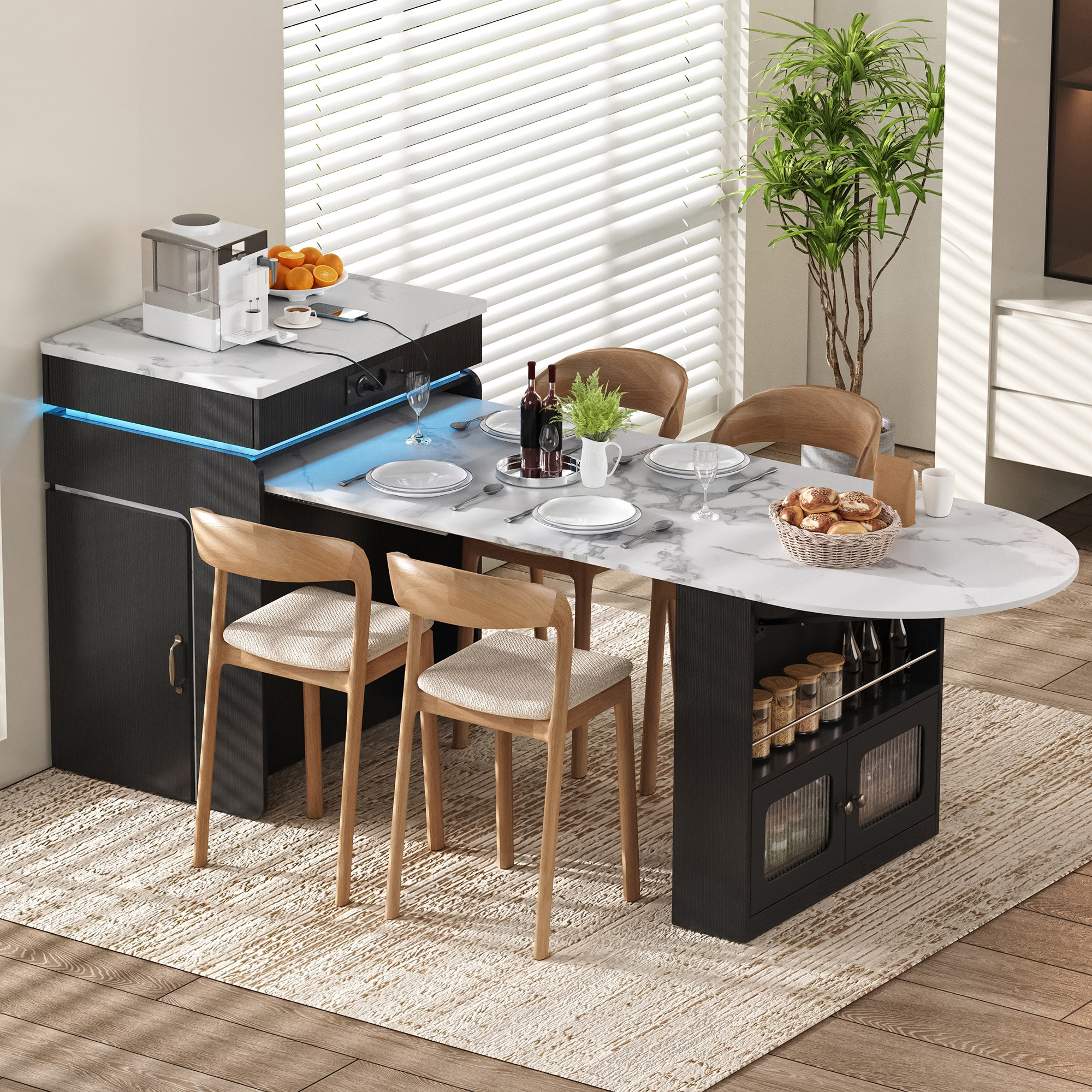 Kücheninsel Mit Ausziehbarem Esstisch 80-194x55x95.5 Cm - Mobiler Küchenwagen Mit Steckdosenleiste Led-beleuchtung Riffelglastüren Modern Mdf - Schwarz
