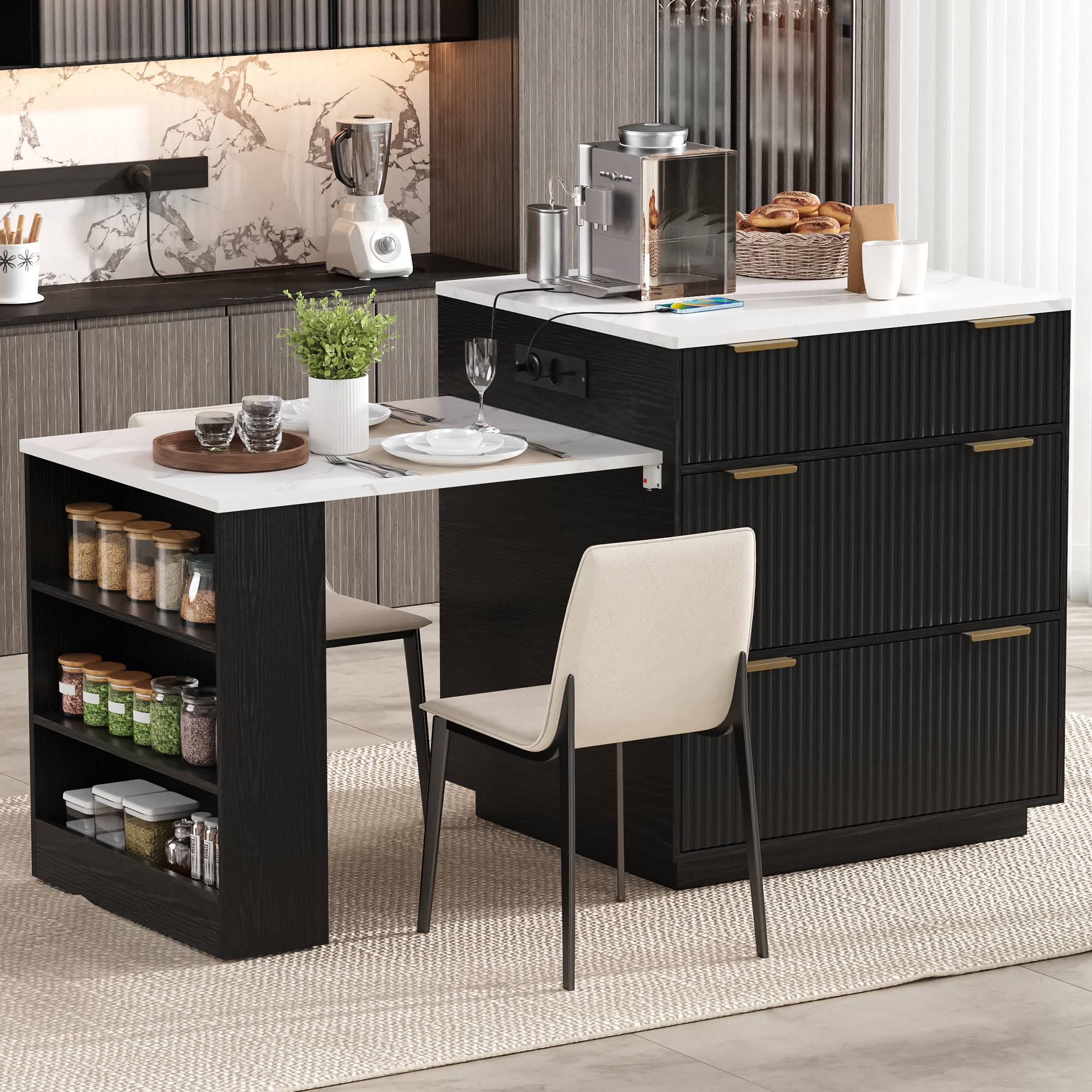 Kücheninsel Mit Ausziehbarem Esstisch - 127,5-205x67x92 Cm - Servierwagen Mit Led-beleuchtung Steckdosen Mdf Moderner Stil - Schwarz