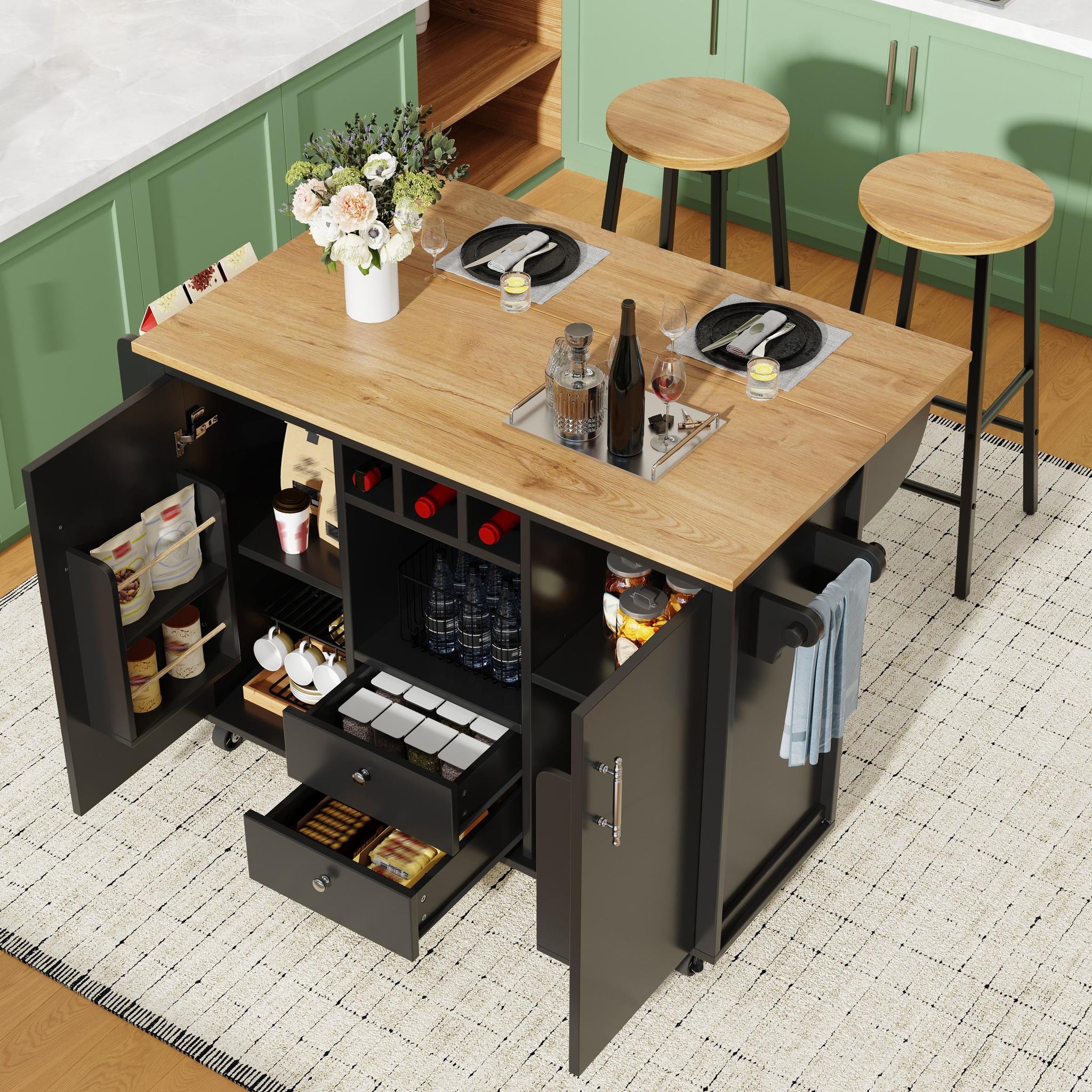 Kücheninsel Mit 2 Barhockern - 137,9x45-73x92cm Küchenwagen Mit Klappbarer Arbeitsplatte Gewürzregal Weinregal - Metall Und Mdf Modern - Schwarz