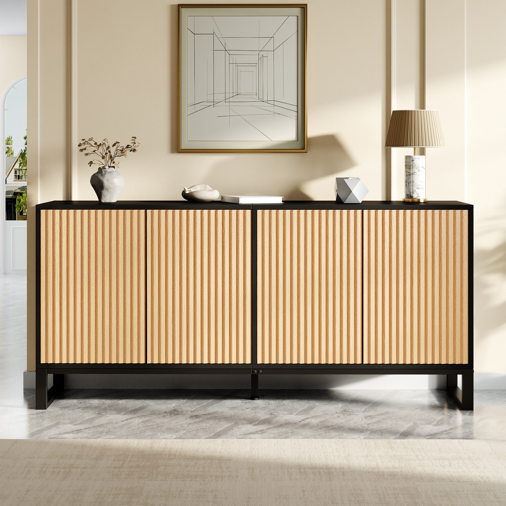 Sideboard Schuhschrank - 160 X 40 X 75 Cm - 4 Geriffelte Türen Mit Verstellbaren Einlegeböden Für Flur Und Wohnzimmer - Mdf Holzwerkstoff Moderner Stil - Natur Und Schwarz
