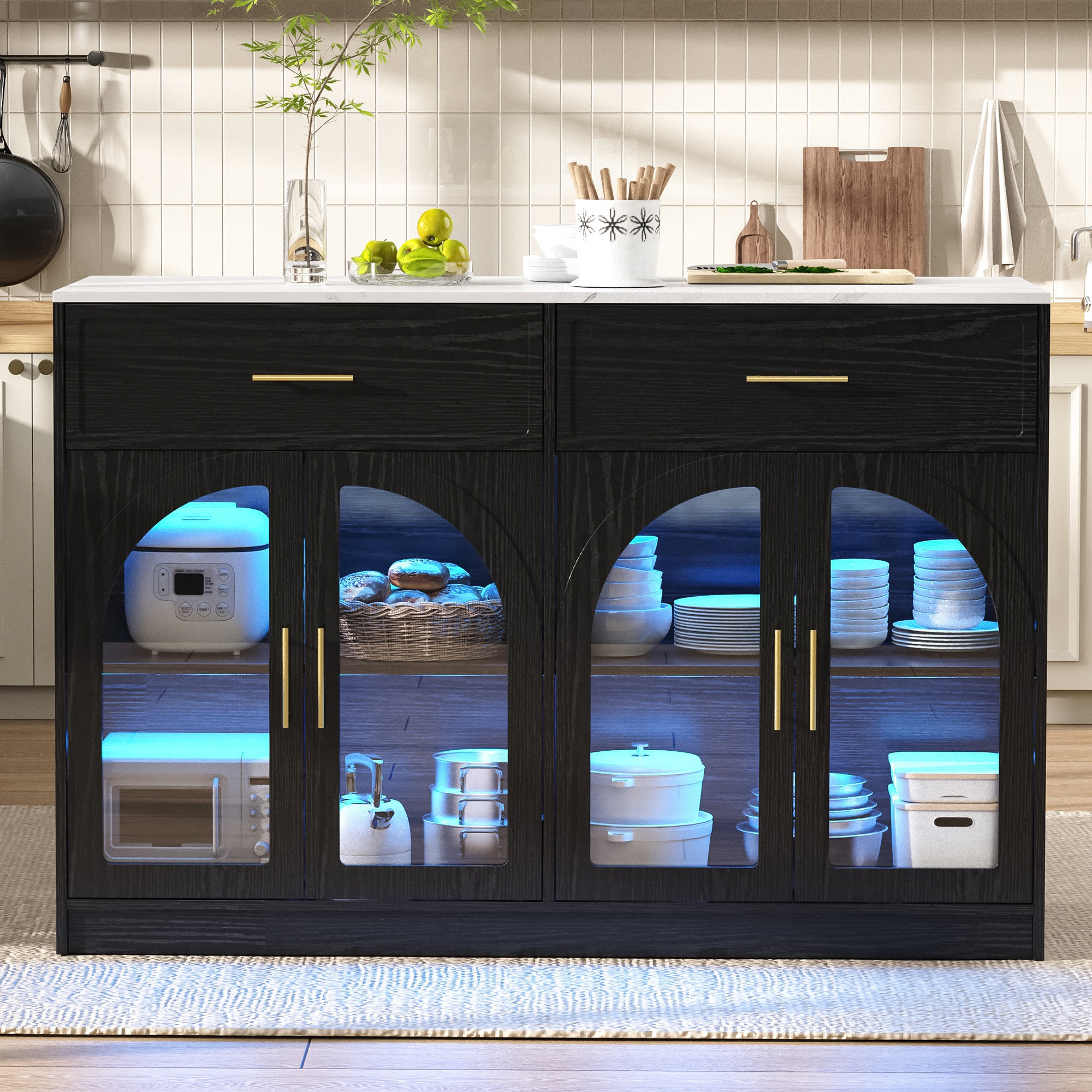 Kücheninsel Mit Led-beleuchtung Und Arbeitsplatte 135x55x91 Cm - Freistehender Küchenschrank Sideboard Mit Schubladen Verstellbaren Einlegeböden Und Glastüren Aus Mdf - Schwarz