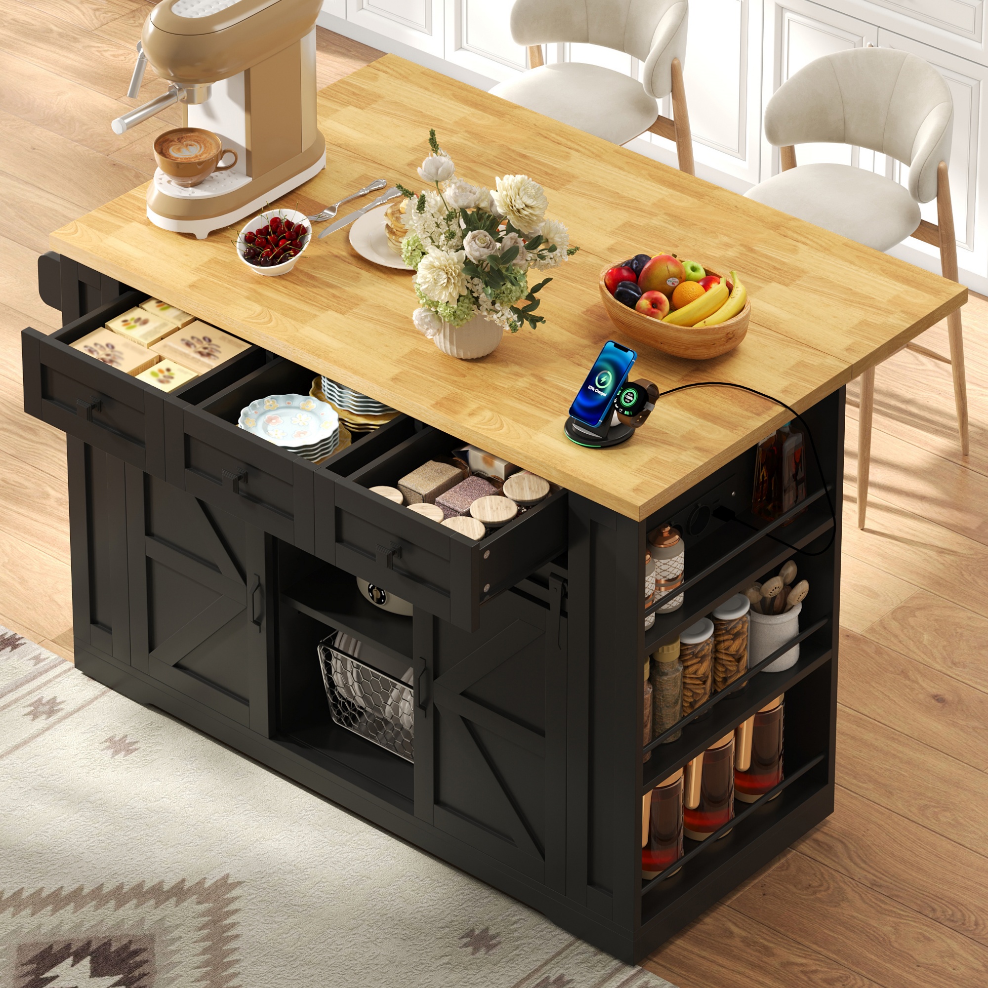 Mobile Kücheninsel Auf Rollen Mit Klappbarer Arbeitsplatte Und Steckdosen Küchenwagen Servierwagen Buffetschrank Mit Schiebetüren 130 X 50/80 X 87 Cm Mdf Schwarz Und Natur