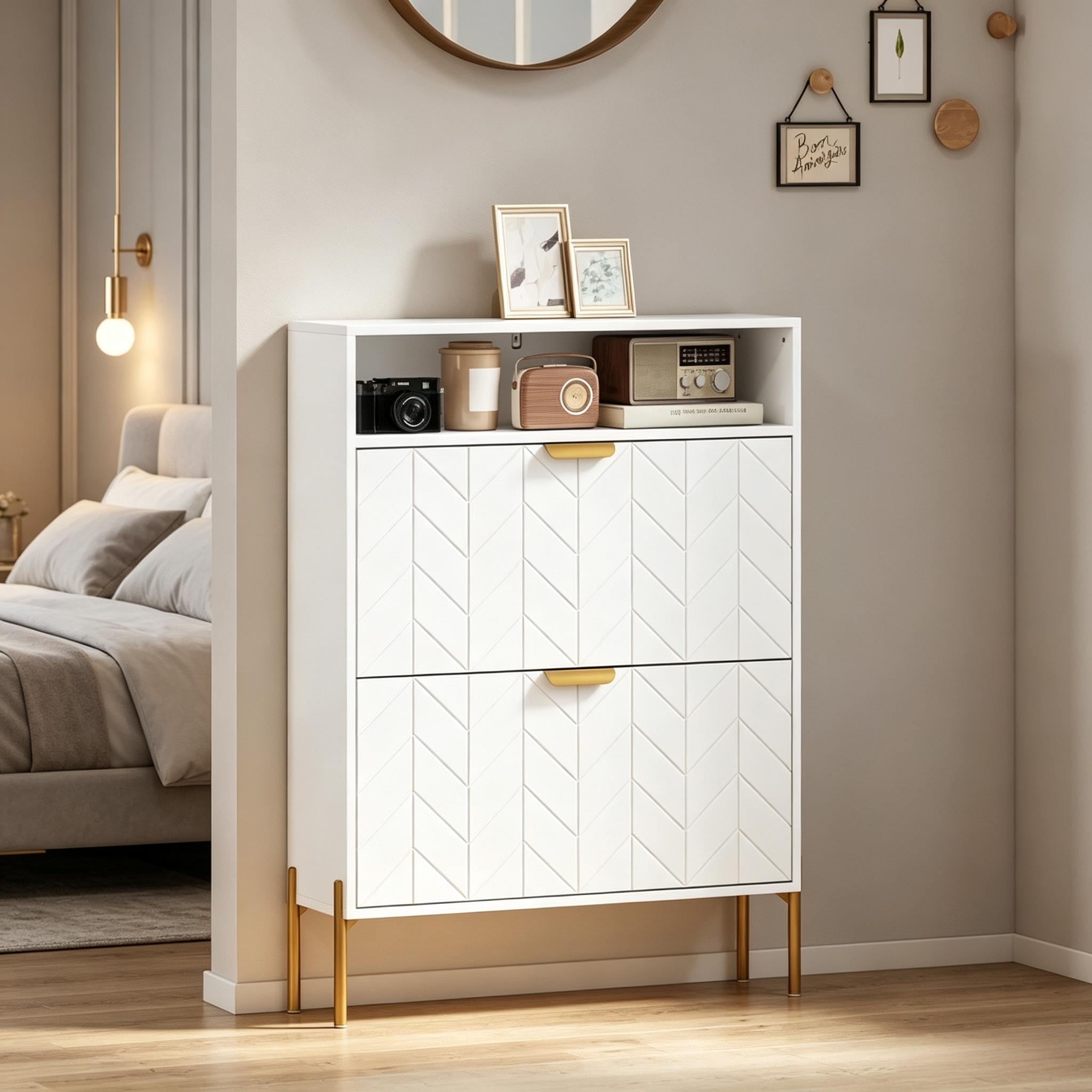Schuhschrank Schmal 80x23,7x110 Cm Für 16 Paare - Schuhkipper Mit 2 Klappen Und Offenem Fach - Moderner Flurschrank Aus Mdf Und Stahl - Weiß Und Gold