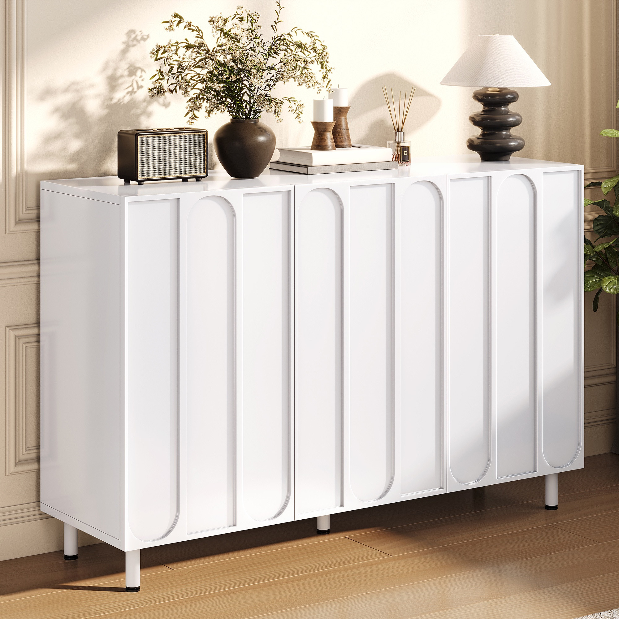 Sideboard Schuhschrank 2-in-1 - 120 X 37 X 80 Cm - Kommode Mit 3 Türen Vertikale Bogenprägung Und Verstellbaren Böden Moderne Flurkommode - Weiß