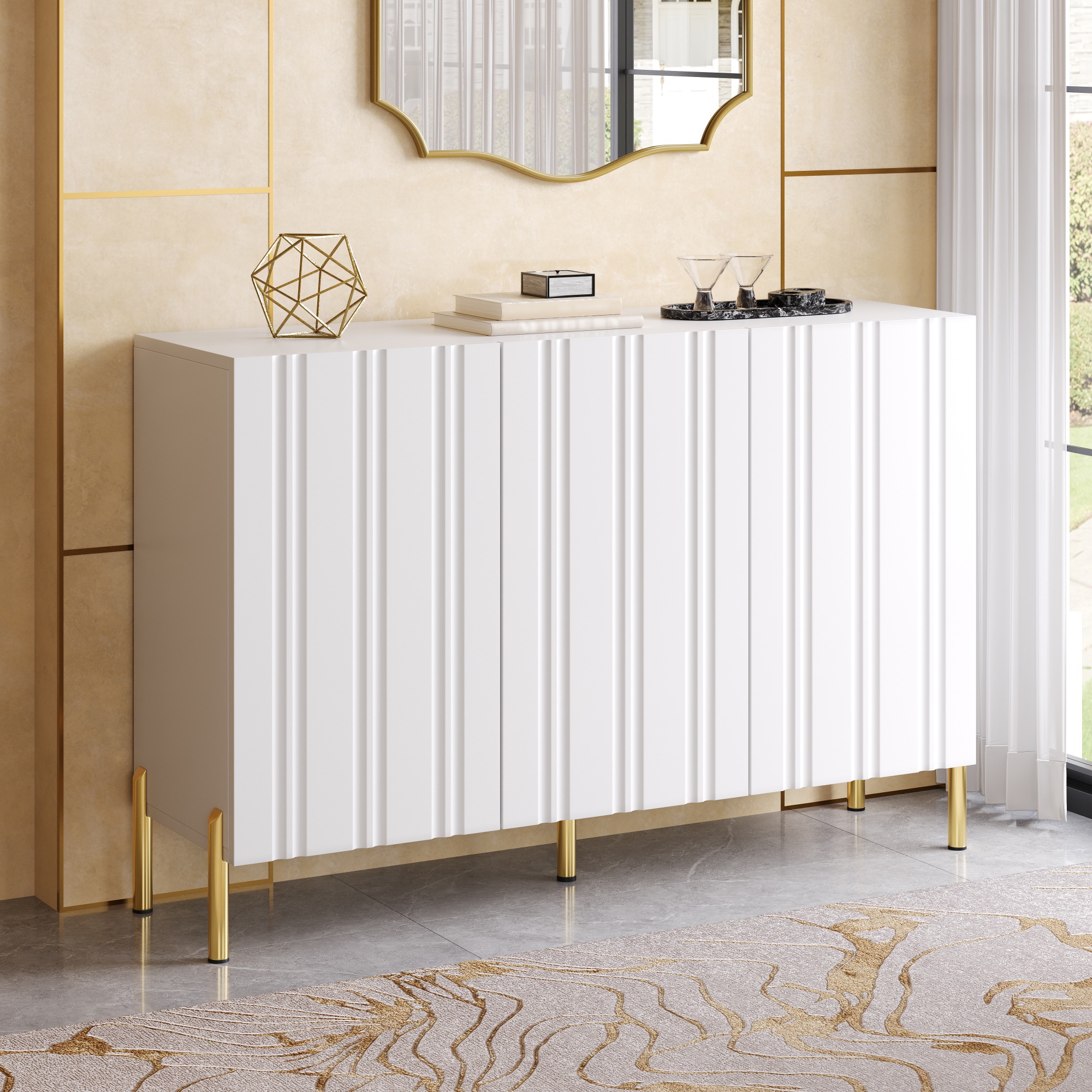 Sideboard Schuhschrank 2-in-1 - 120x35,5x80 Cm - Flurschrank Und Anrichte 3 Türen Mit Verstellbaren Einlegeböden Und Goldenen Metallbeinen - Weiß