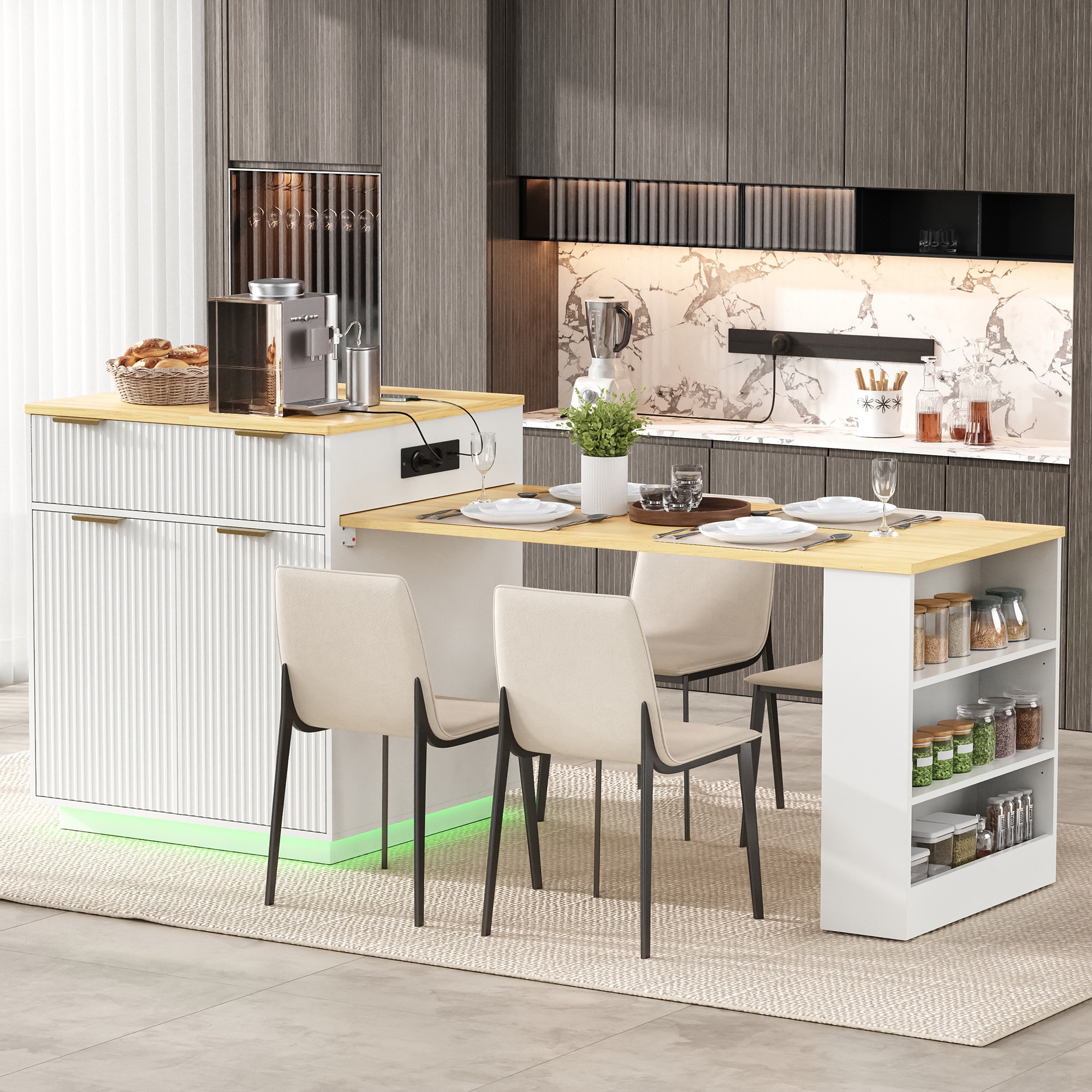 Kücheninsel Mit Ausziehbarem Esstisch - 127,5-205x67x92 Cm - Led Steckdosen Usb Schubladen Und Regale - Moderner Stil Mdf - Weiß