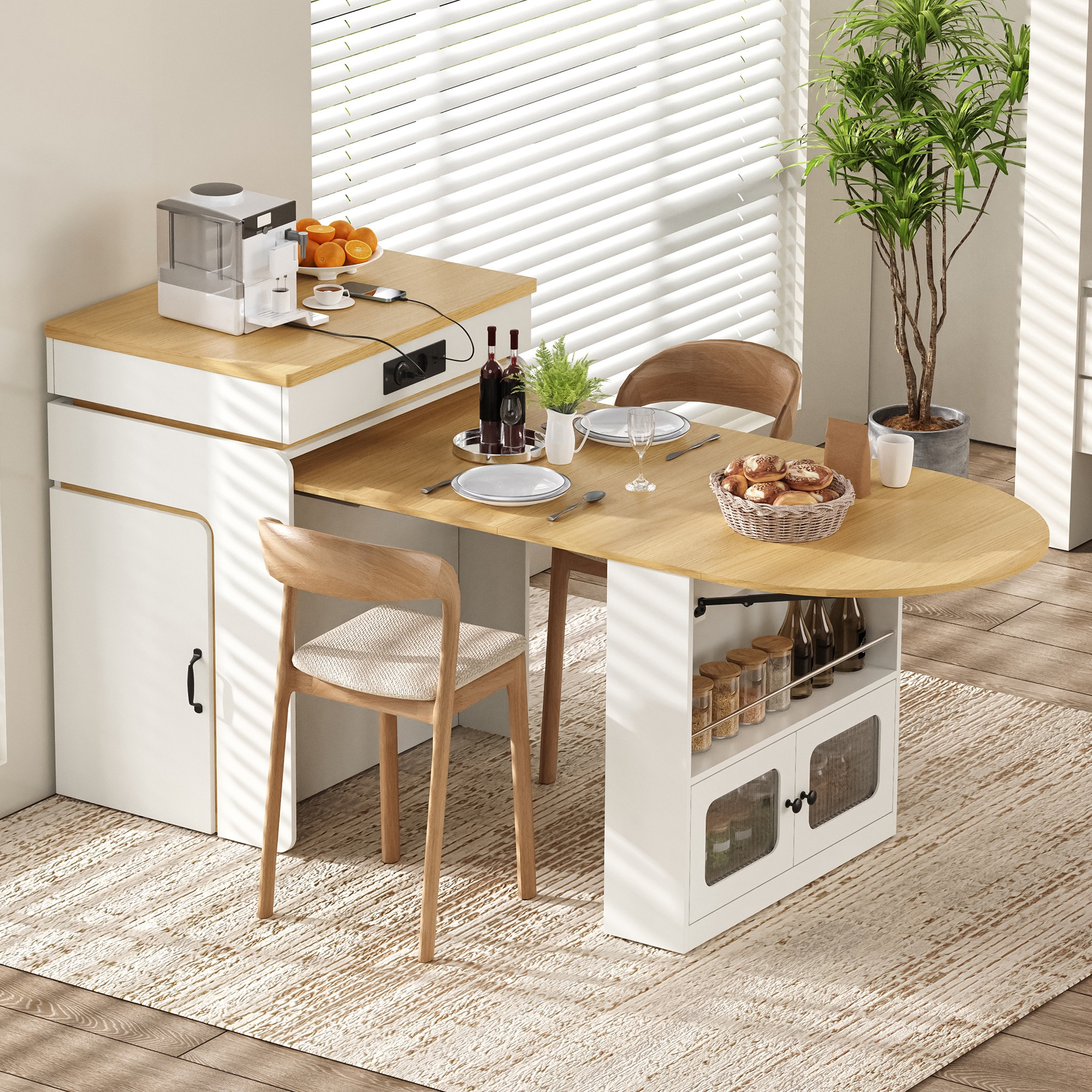 Kücheninsel Auf Rollen Mit Ausziehbarem Esstisch 80x55x95.5 Cm - Küchenwagen Mit Steckdosenleiste Led Und Schubladen Aus Mdf Und Glas Für Esszimmer - Weiß