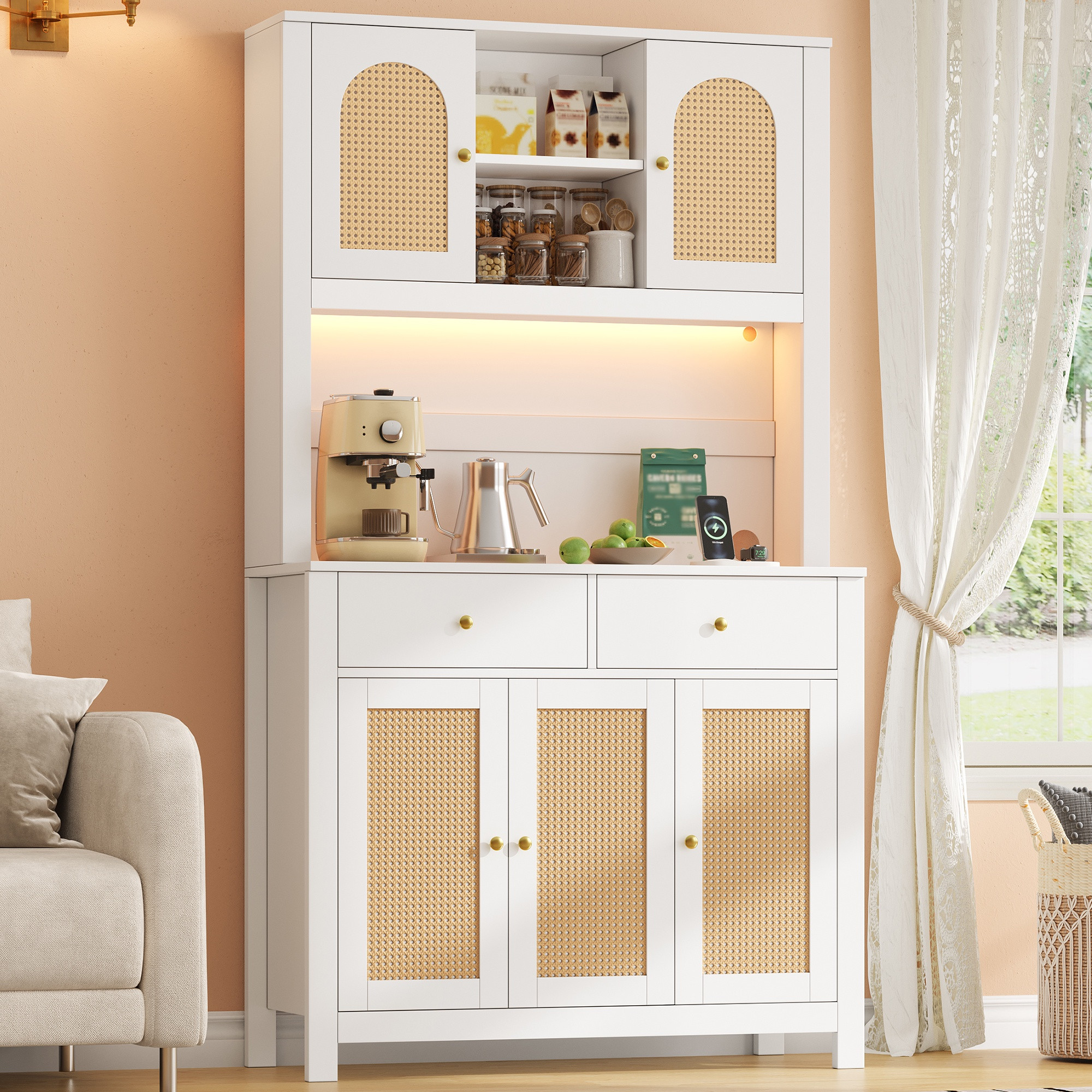 Küchenschrank Hoch Mit Led Und Steckdosen - 100x40x180cm Vorratsschrank Mit 5 Rattantüren Und 2 Schubladen - Aufbewahrungsschrank Für Esszimmer Wohnzimmer Aus Mdf - Weiß