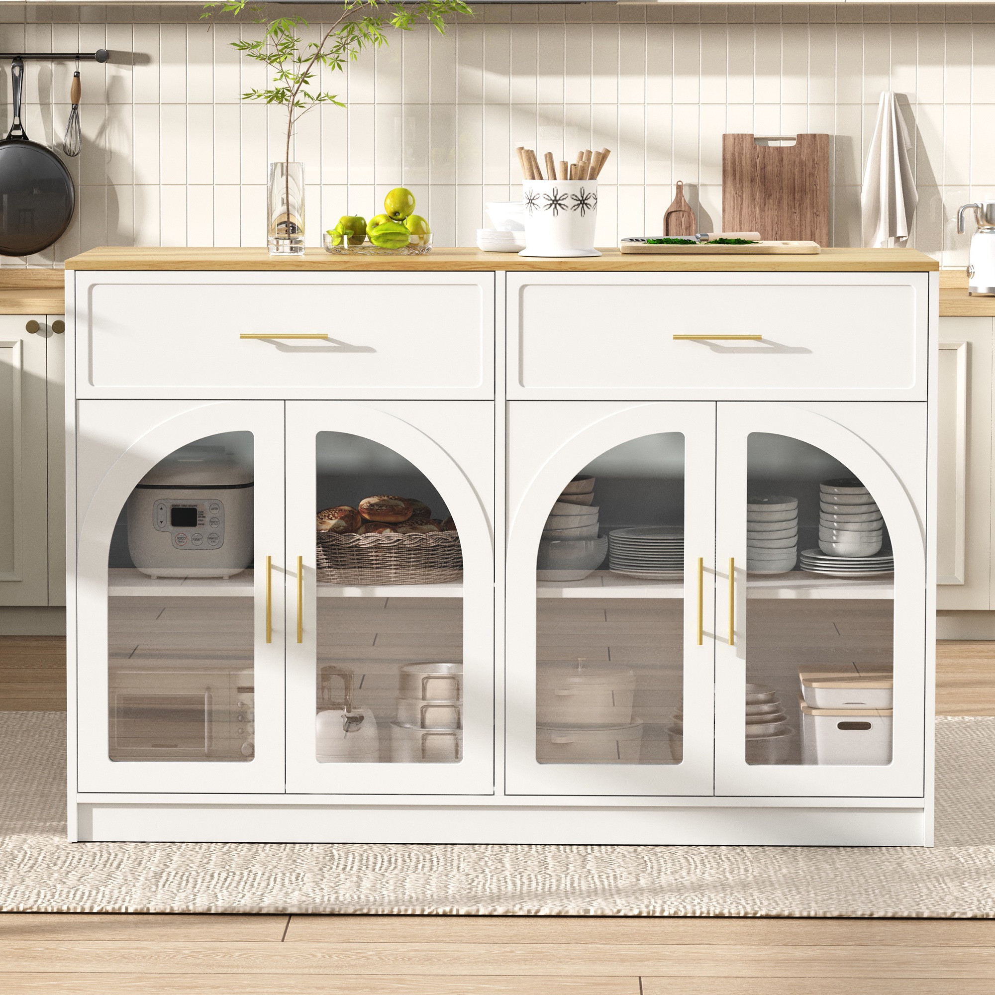 Kücheninsel Mit Led-beleuchtung 135x55x91 Cm - Freistehender Küchenschrank Mit Schubladen Und Glastüren Für Küche Esszimmer - Mdf Modern - Weiß