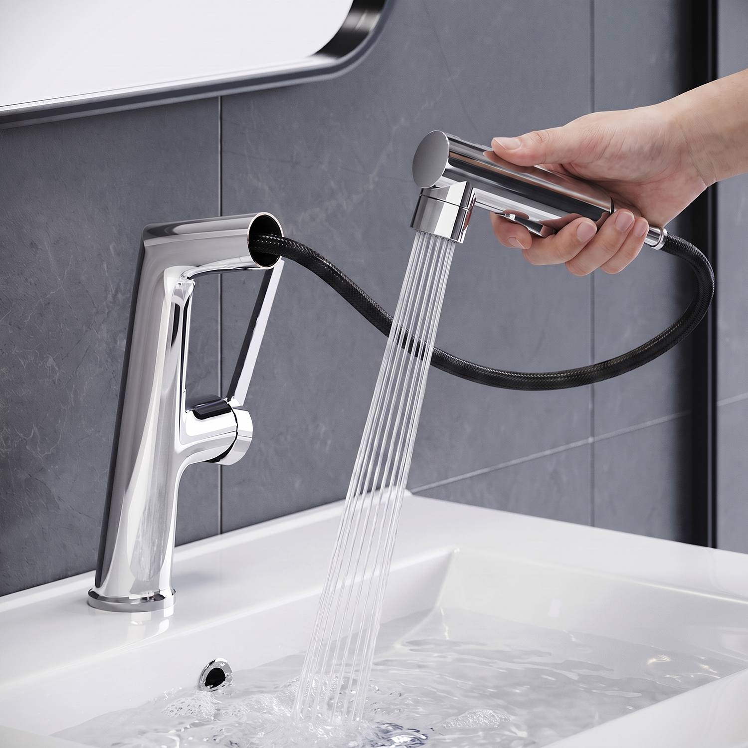 Sonni 360° Ausziehbare Waschtischarmatur, Verchromt, Mit Zwei Strahlarten Und Hygienischem Abfluss Oben