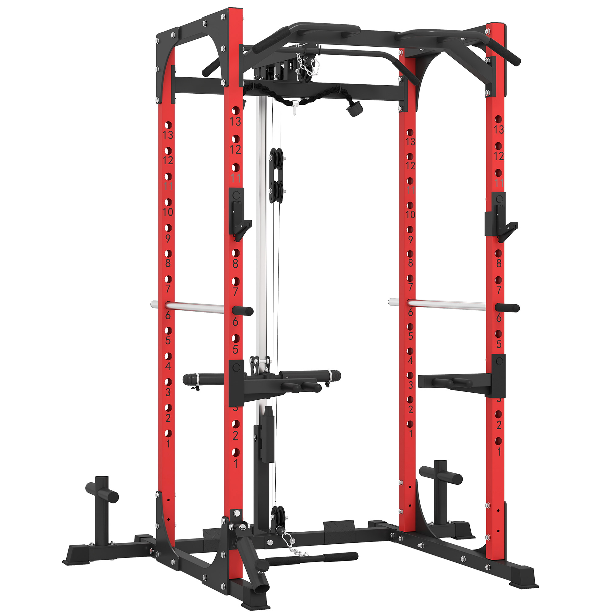 Fitnessstation Mit Langhantelablage Und Klimmzug-/dip-stange, Stahl, 191 X 153 X 205 Cm, Rot Und Schwarz