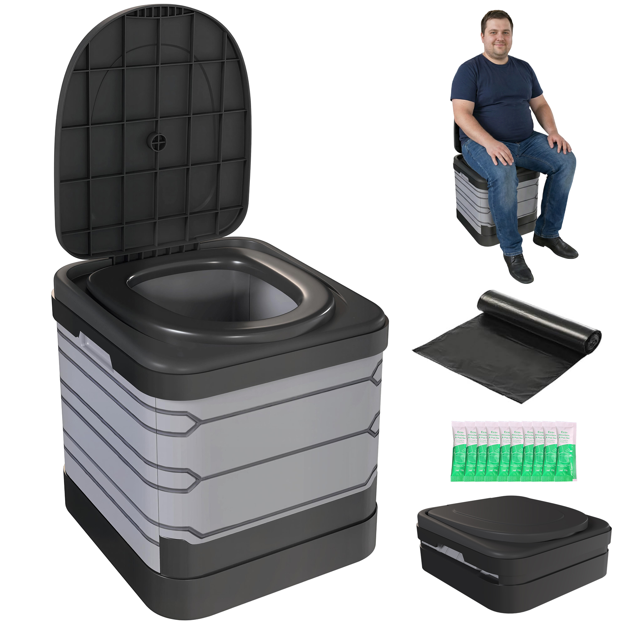 Faltbare Campingtoilette, Tragkraft Bis 150 Kg, Mit 12 Beuteln Gerinnungspulver Und 12 Auffangbeuteln, 42 X 46 X 43,5 Cm, Grau.