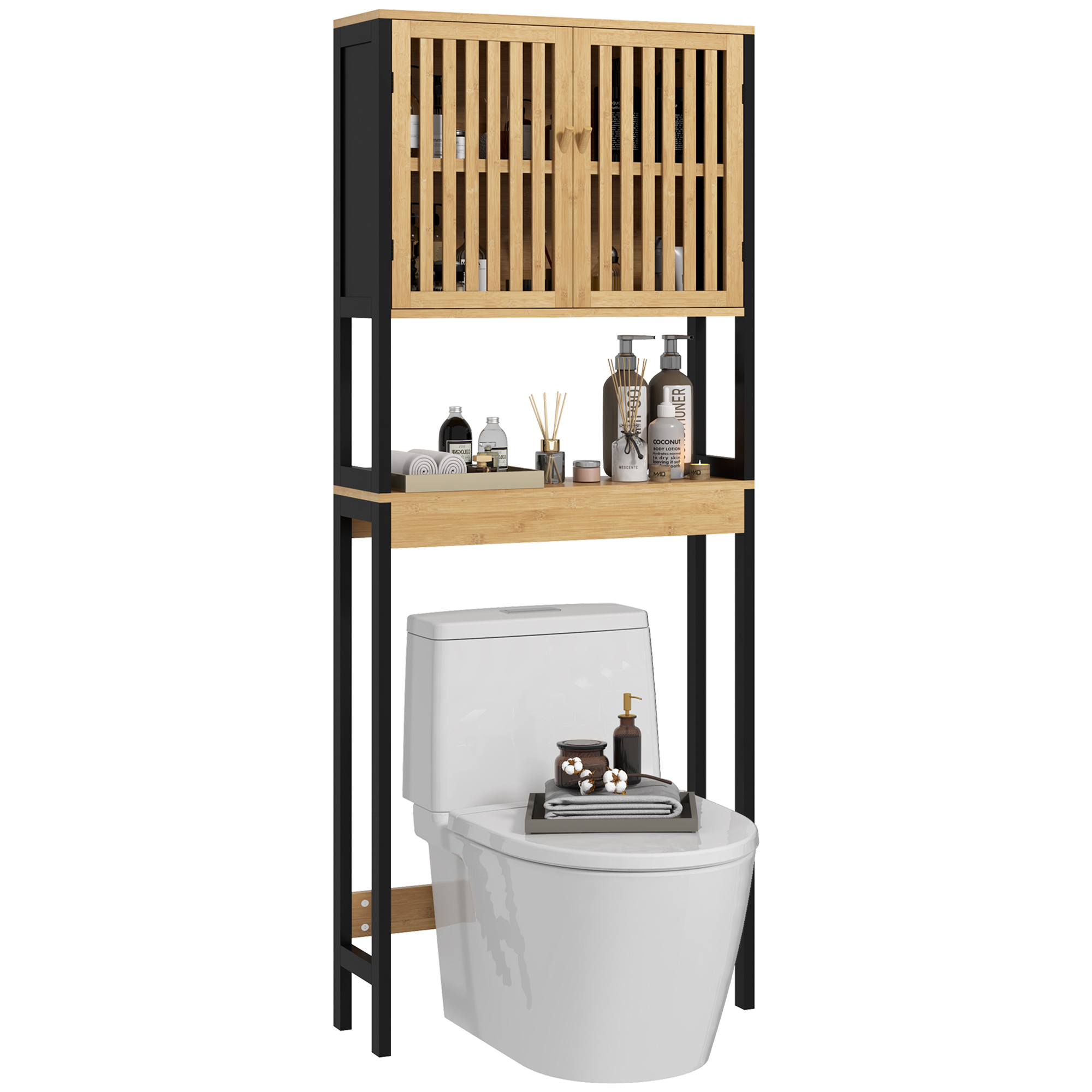 Badezimmerschrank Mit 2 Lamellentüren Und Offenem Fach, 60 X 21,5 X 172 Cm, Holzfarbe