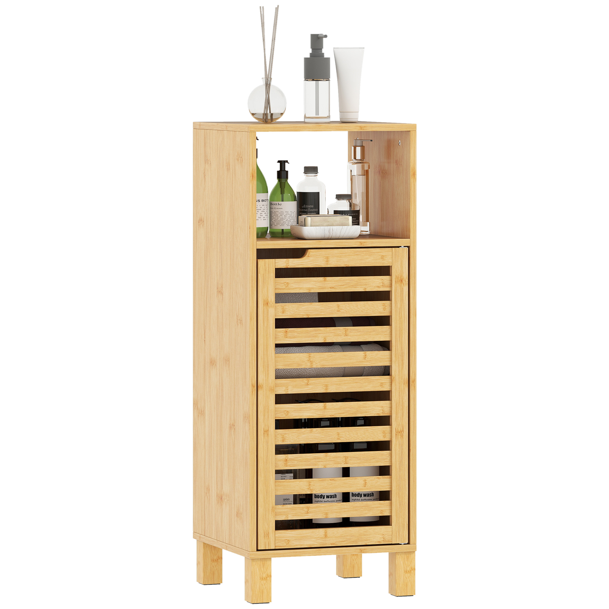 Schmaler Badezimmerschrank Mit Lamellentür, Offenem Fach, Verstellbarem Einlegeboden, 30 X 30 X 80 Cm, Natur