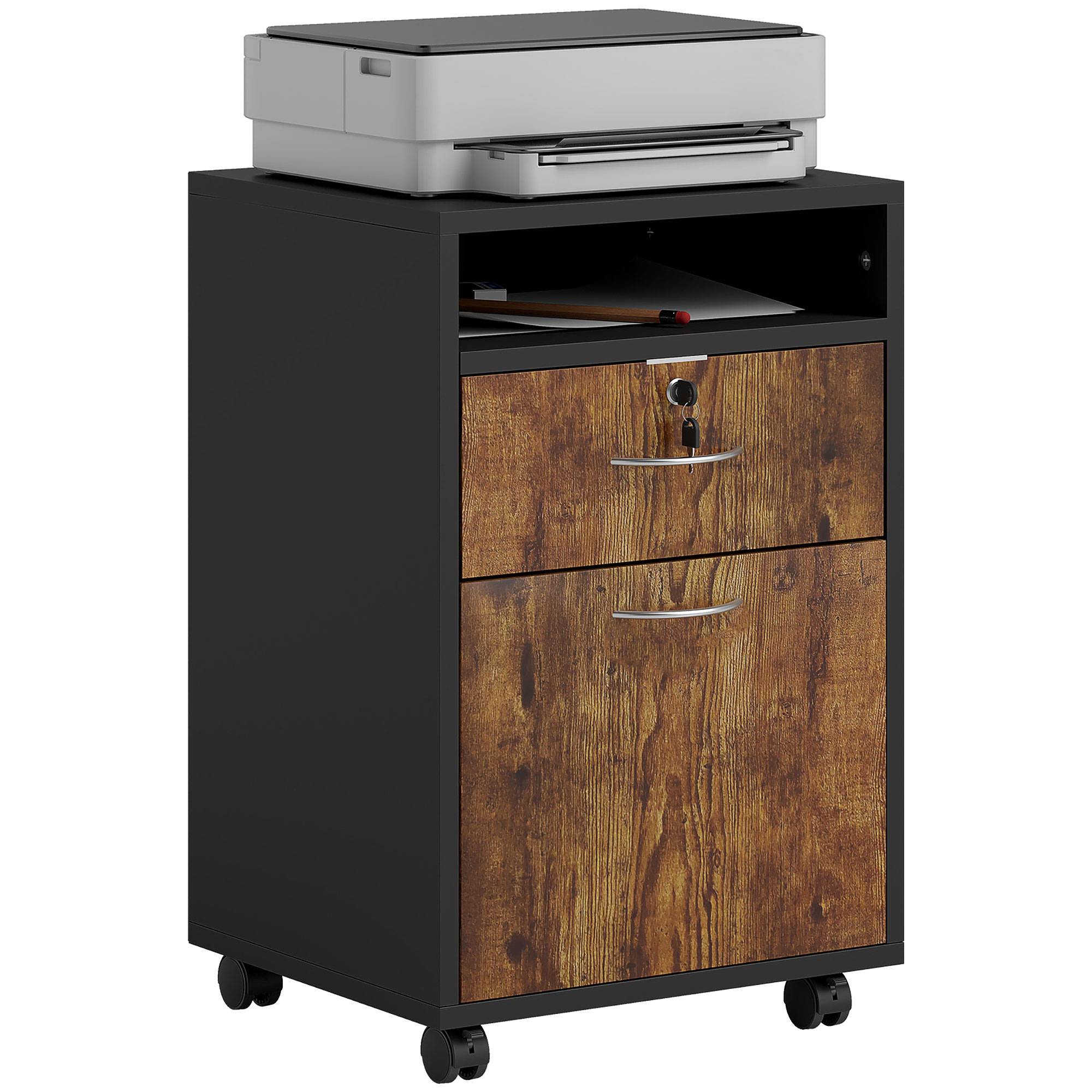 Büromöbel Mit Offenem Regal, Abschließbarer Schublade Und Schrank, 40 X 35 X 60 Cm, Braun