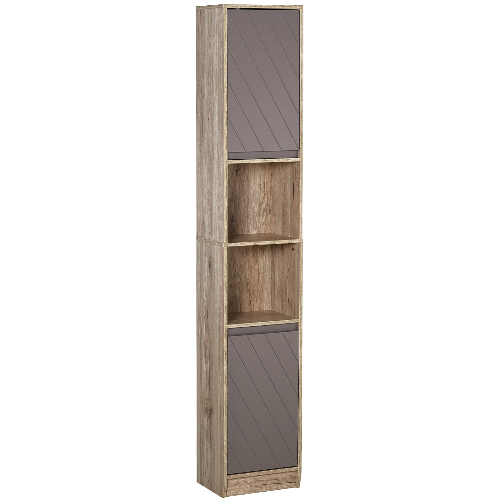 Platzsparender Badezimmerschrank Aus Holz, Bestehend Aus 2 Schränken Und Verstellbaren Einlegeböden, Säulendesign, 30 X 24 X 170 Cm, Grau Und Eichefarben.