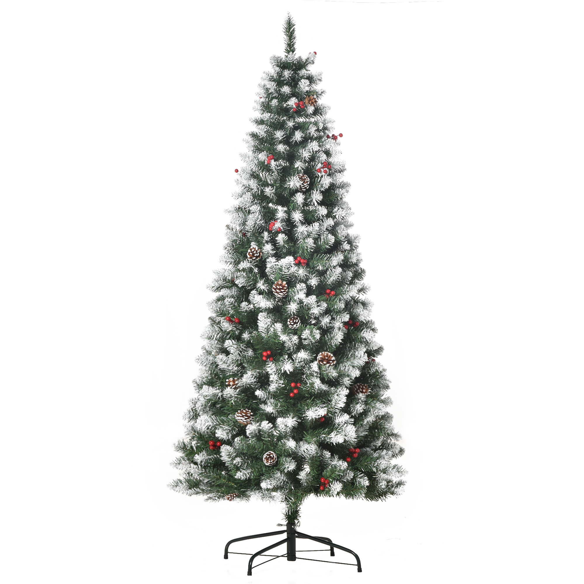 180 Cm Hoher, Künstlicher, Schneebedeckter Weihnachtsbaum Mit Roten Beeren Und Weißen Tannenzapfen, Abnehmbarem Klappfuß, 618 Zweige