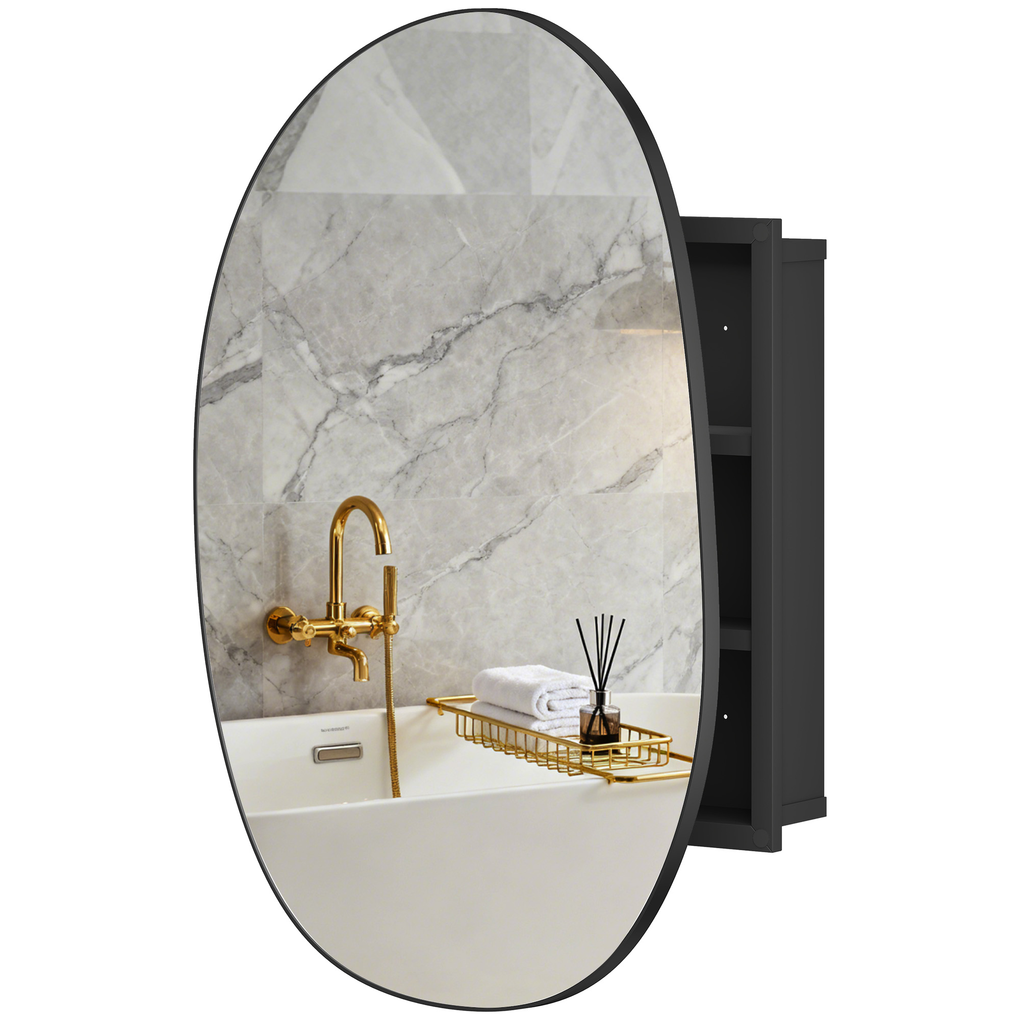 Badezimmerschrank Mit Spiegel Und 3 Einlegeböden, Aus Aluminium Und Metall, 61 X 12 X 79 Cm, Schwarz