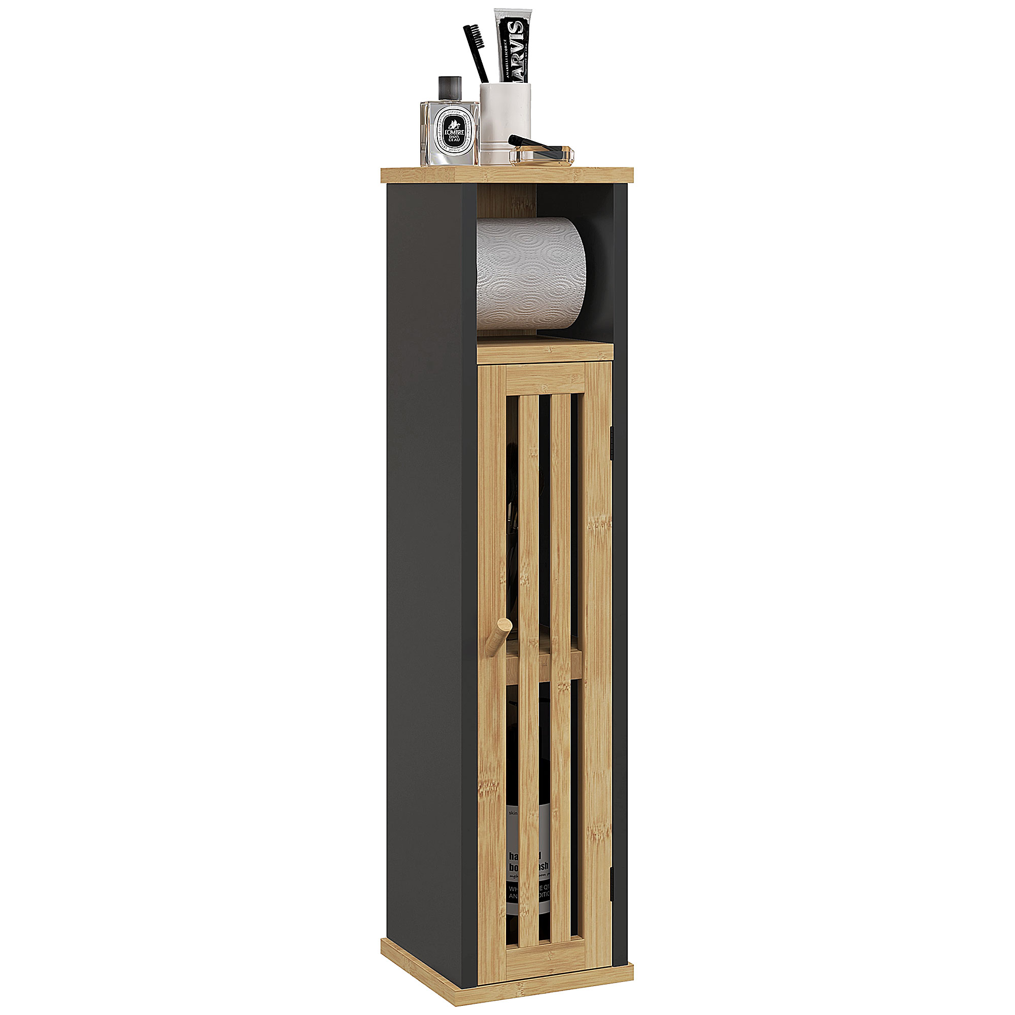 Badezimmerschrank Mit Offenem Regal Und Schrankfach, Bambus Und Mdf, 18 X 18 X 75 Cm, Schwarz-holzfarben