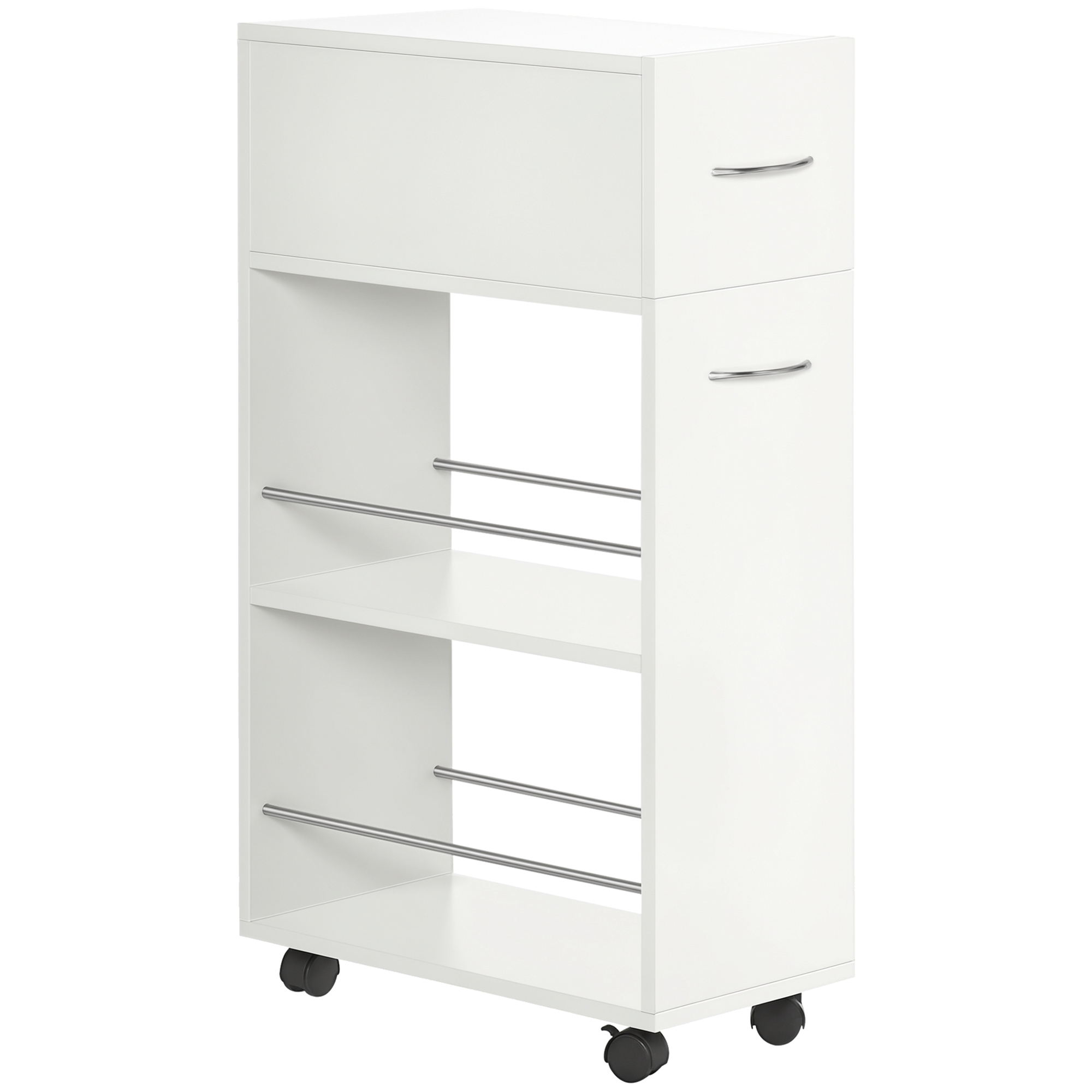 Küchenwagen Aus Spanplatte Und Edelstahl Mit 2 Offenen Ablagen, Schublade Und Schienen, 25 X 50 X 85 Cm