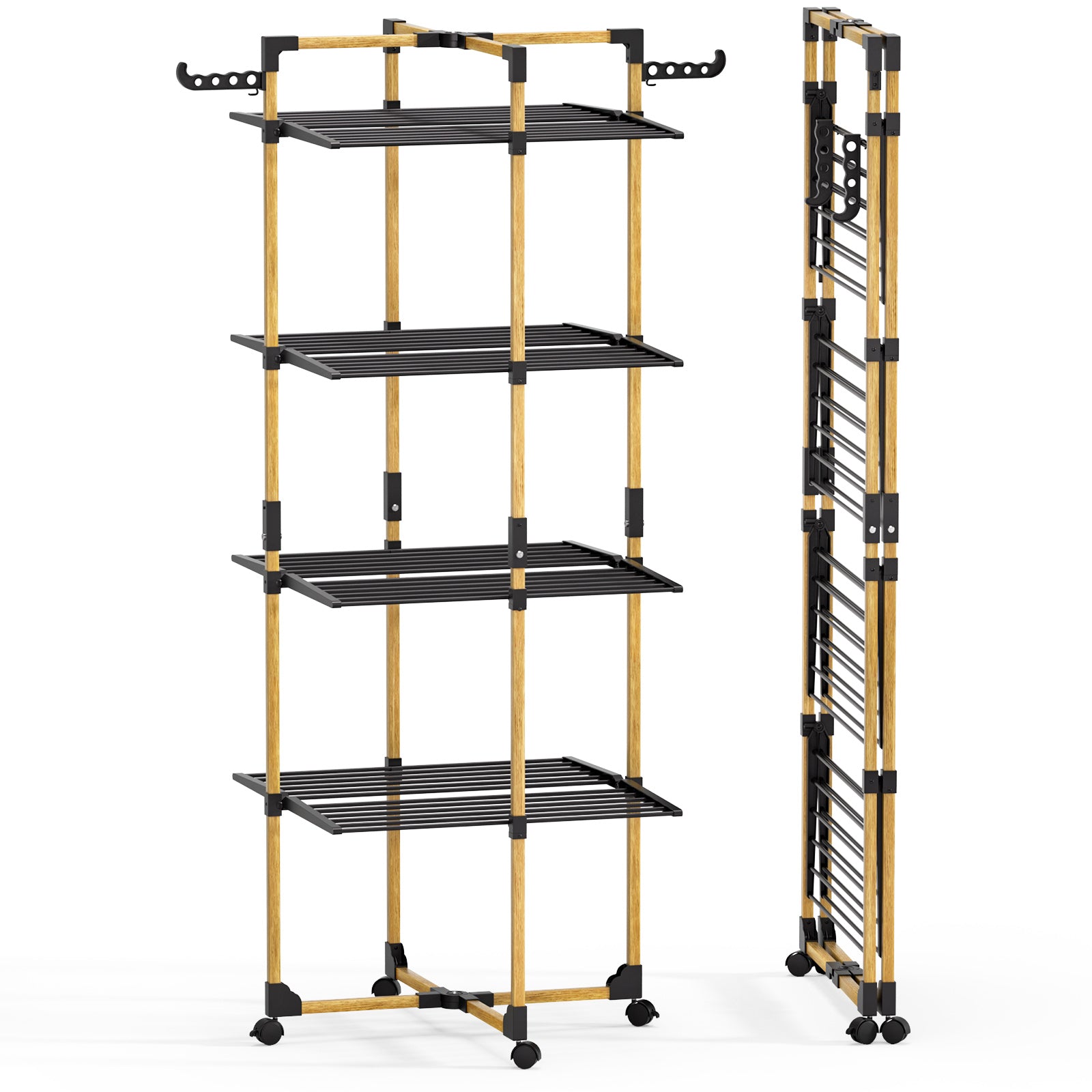 Vounot® Wäscheständer Turm 4 Ebenen Turmwäscheständer Klappbar Wäscheturm Schwarz