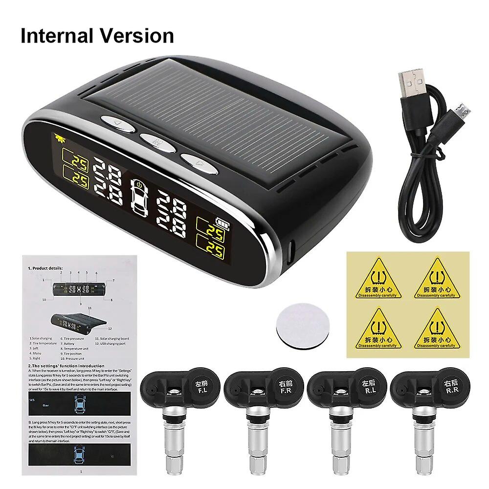 Système De Surveillance De La Pression Des Pneus De Voiture Avec Alarme Et Capteur Intérieur, Alimentation Solaire, Tpms, Chargement Solaire Usb Et Alerte De Température Avec 4 Capteurs Internes/exter