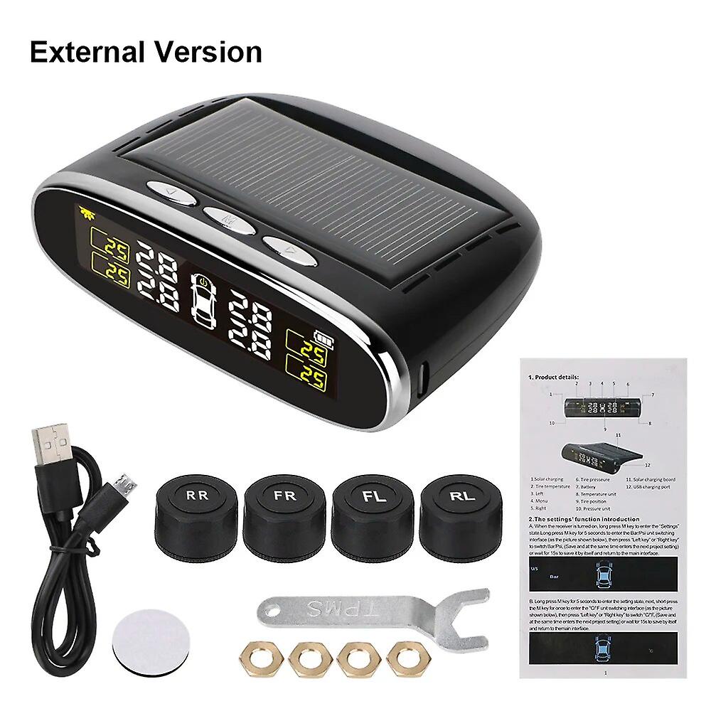 Système De Surveillance De La Pression Des Pneus De Voiture Avec Alarme Et Capteur Externe, Alimentation Solaire, Tpms, Chargement Solaire Usb Et Alerte De Température Avec 4 Capteurs Internes/externe