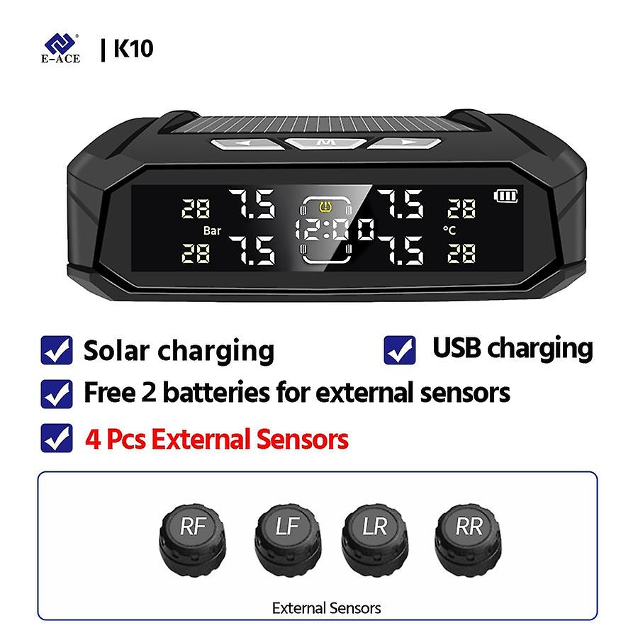 E-ace Accesorios Para Vehculos Tpms Sensor 8 Bar Smart System For Cars Truck With Intelligent System Solar Power Lcd Display( K10-external Sensors )