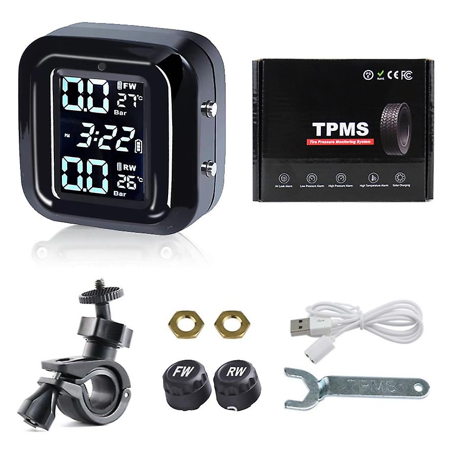 Testeur De Température Des Pneus Tpms Portable Sans Fil Pour Moto Avec Écran Lcd, 2 Capteurs Externes Et Alarme De Surveillance De La Pression Des Pneus.