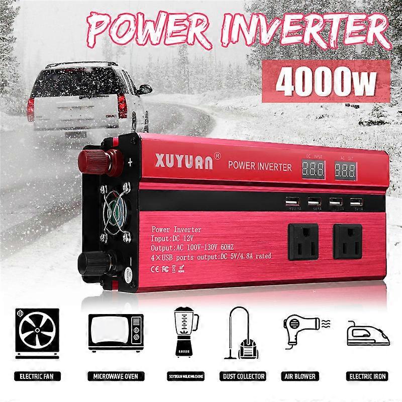 Convertisseur De Tension 4000 W Pour Voiture, À Onde Sinusoïdale Modifiée, Cc 12/24 V Vers Ca 110/220 V, Double Écran Lcd, 4 Ports Usb, Onduleur Solaire