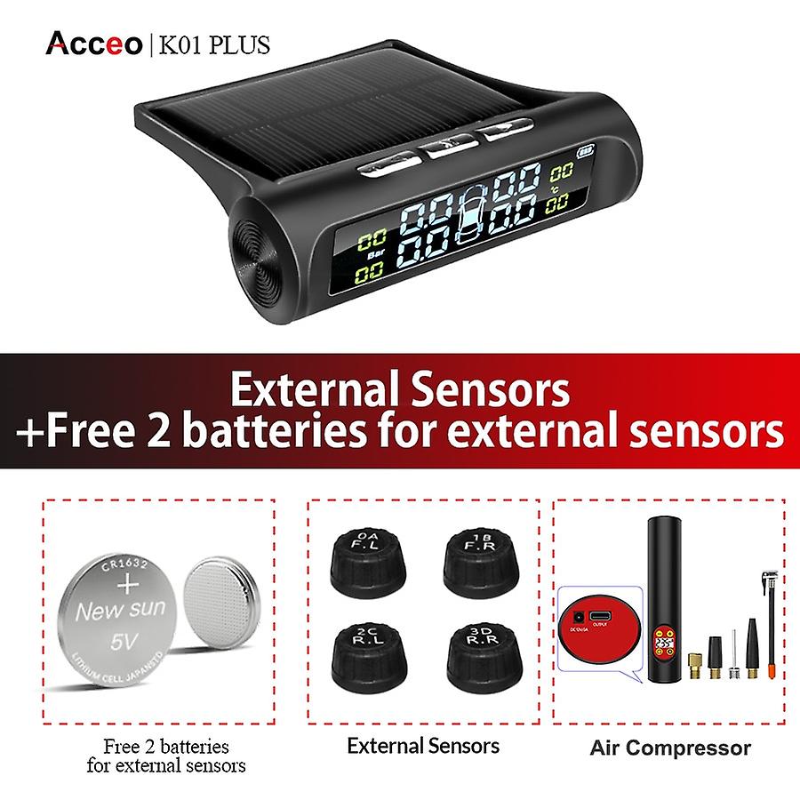 Système D'Alarme De Pression Des Pneus Pour Voiture, Alimentation Solaire, Affichage Numérique, Système De Surveillance De La Pression Des Pneus Tpms Pour Voiture Intelligente Et Pompe À Air (k01 Plus