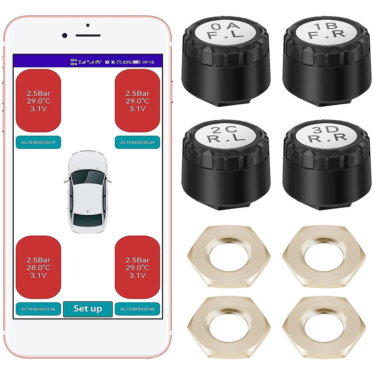 Système De Surveillance De La Pression Des Pneus Sans Fil Bluetooth Pour Motos Et Voitures : Capteurs De Pression Des Pneus Avec Application Et Alarme De Pression (voiture).