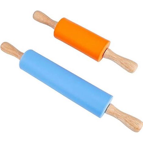 Silikon-nudelholz Mit Antihaftbeschichtung, Mittlere Und Kleine Größe, Holzgriff, Ideal Zum Backen Von Pizzen Und Keksen (2er-set, Blau Und Orange)