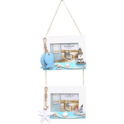 Hängende Wanddekoration Im Mediterranen Stil, Geformt Wie Ein Doppelter Bilderrahmen, Ideal Für Zuhause, Bar Oder Café. – 50 X 18 X 2 Cm – Blau