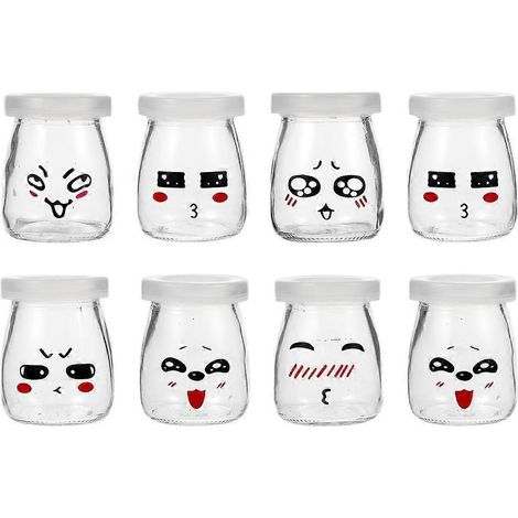 Set Mit 8 Glasflaschen Für Pudding Und Joghurt, Mit Smiley-gesichtern (verschiedene Farben) - 5,7 X 5,7 X 7,5 Cm - Verschiedene Farben