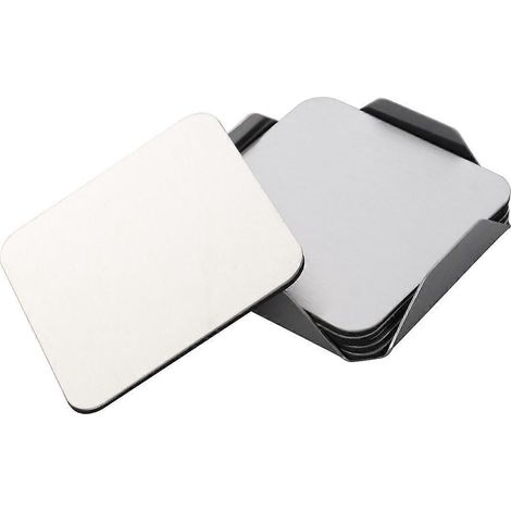 Set Mit 6 Quadratischen Edelstahl-untersetzern, Rutschfest Und Hitzebeständig, Mit Ständer (8,5 X 8,5 Cm) – Silber