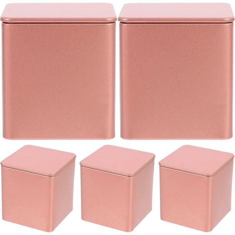 Set Aus 5 Teedosen Aus Weißblech, Teebeutelhaltern Und Quadratischen Kerzendosen – 6,5 X 6,5 X 7 Cm – Roségold