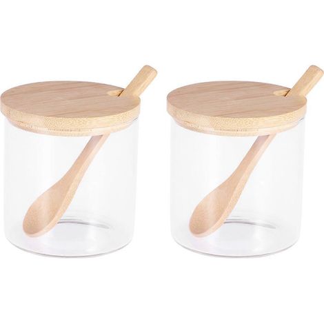 Set Aus 2 Gewürzgläsern Aus Glas Mit Bambuslöffel Und Deckel. – 8 X 8 X 8 Cm