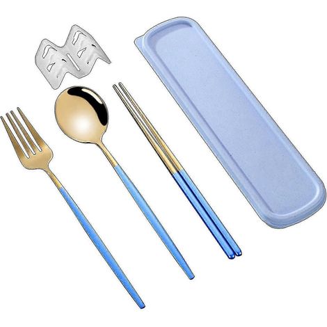 Kaesi Kb-3-teiliges, Blau-goldenes, Staubdichtes Edelstahl-besteckset Im Koreanischen Stil (essstäbchen, Gabel, Löffel) Für Den Täglichen Gebrauch