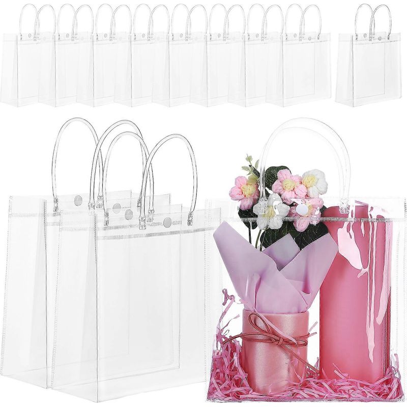 Set Mit 12 Transparenten Geschenktüten, Mitgebseltüten, Durchsichtigen Tragetaschen, Wiederverwendbaren Verpackungsbeuteln Mit Henkeln – 20,00 X 20,00 X 8,00 Cm – Transparent